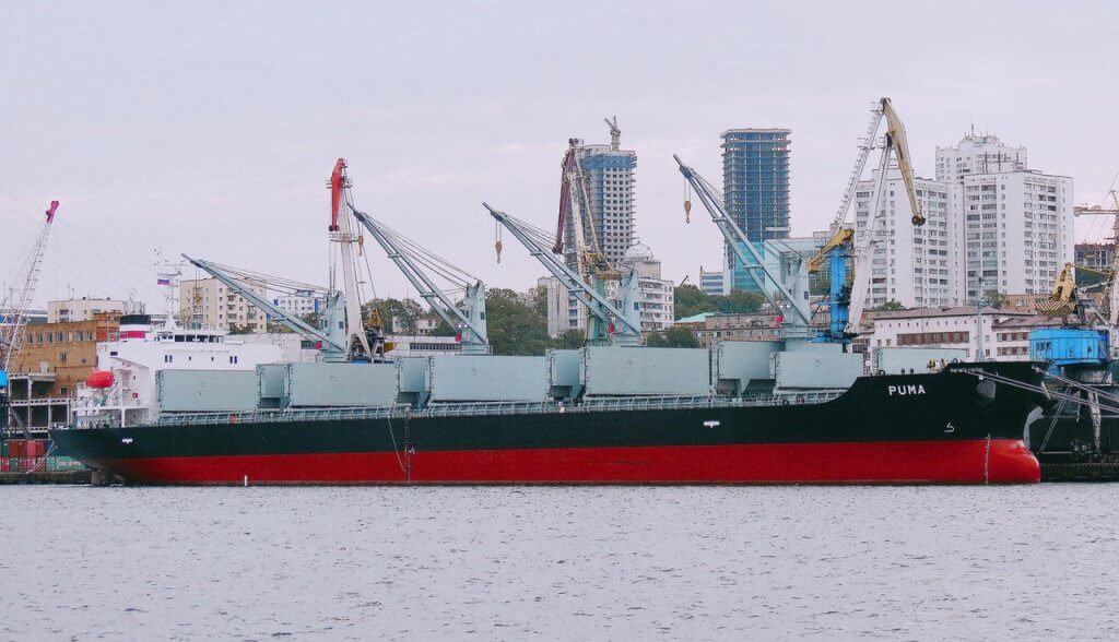 A large cargo ship named "Puna" docked at a port, with cranes positioned above it and tall buildings under construction in the background, seen across the water.