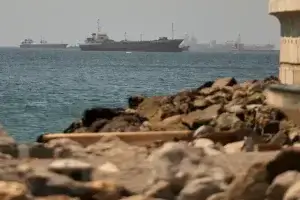 Several large ships are anchored in the sea near the coast, with a rocky shoreline visible in the foreground and more ships in the hazy distance under a clear sky.