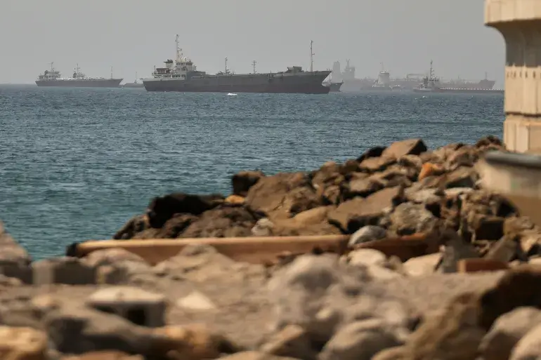 Several large ships are anchored in the sea near the coast, with a rocky shoreline visible in the foreground and more ships in the hazy distance under a clear sky.