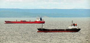 A large red cargo ship and a smaller black cargo ship sail on a calm sea with hilly green land visible in the distant background under a cloudy sky.